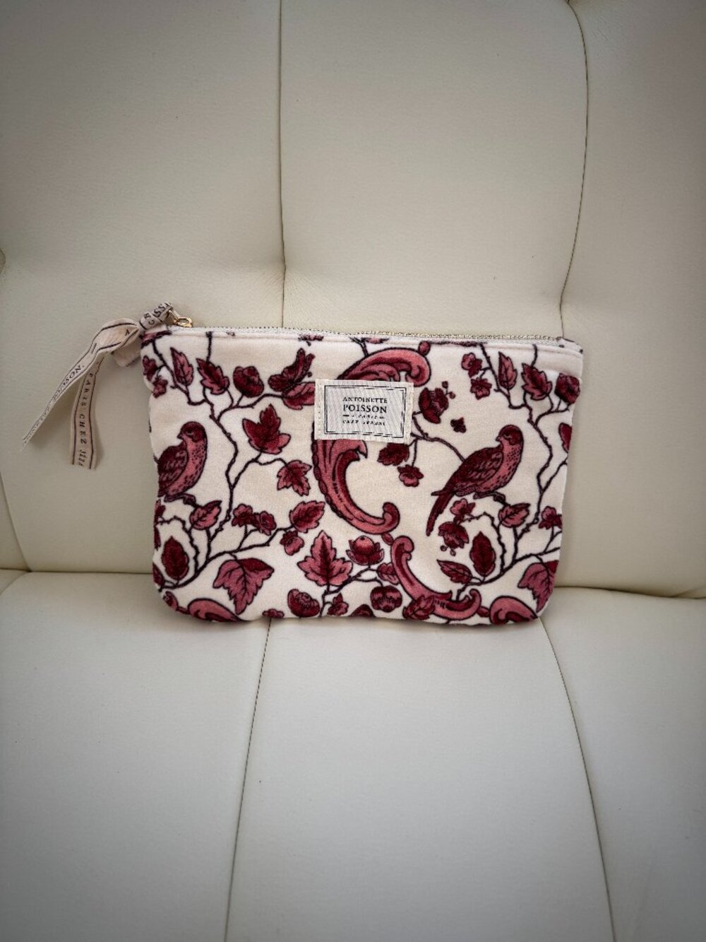 Sezane x Antoinette Poisson limited edition velvet bird print makeup bag NWOT